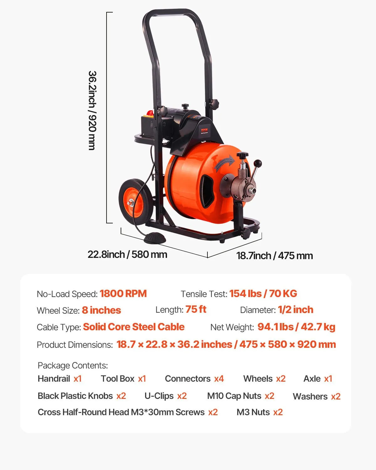 VEVOR Drain Cleaner Machine 75 FT X 1/2 Inch, Sewer Snake Machine Auto Feed, Drain Cleaning Machine with 4 Cutter & Air-Activated Foot Switch for 1