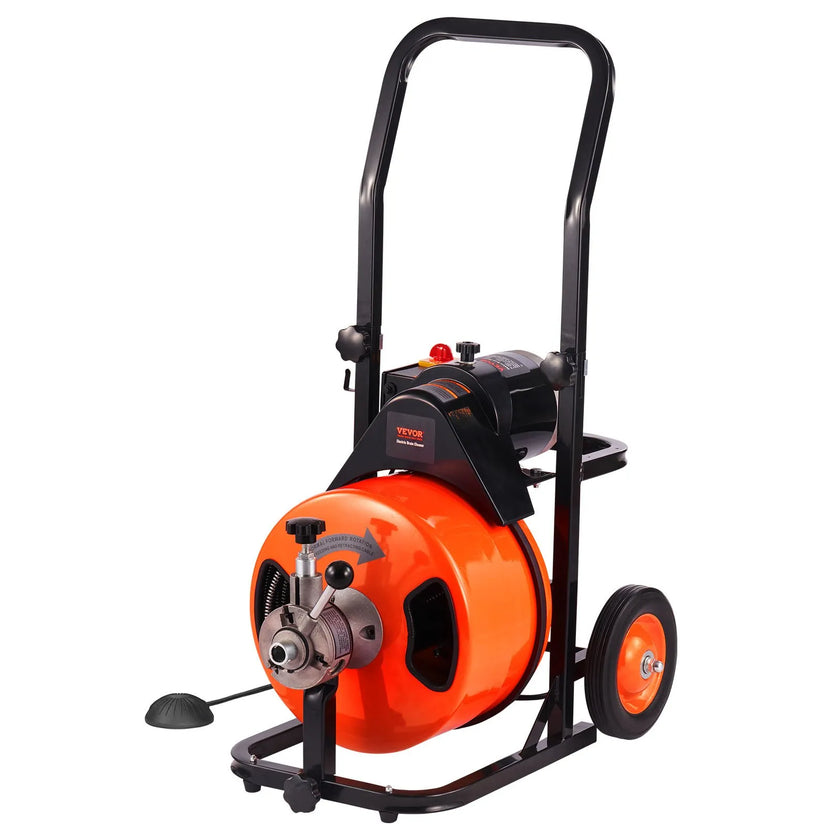 VEVOR Drain Cleaner Machine 75 FT X 1/2 Inch, Sewer Snake Machine Auto Feed, Drain Cleaning Machine with 4 Cutter & Air-Activated Foot Switch for 1