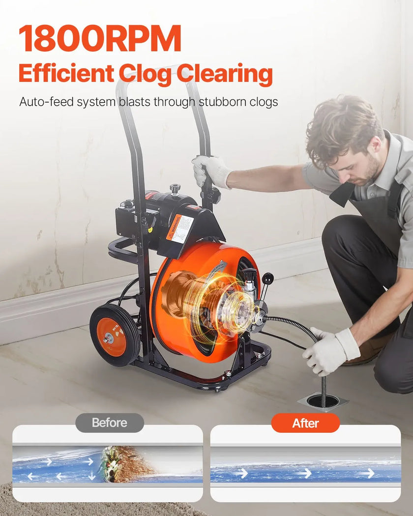 VEVOR Drain Cleaner Machine 50 FT X 3/8 Inch, Sewer Snake Machine Auto Feed, Drain Cleaning Machine with 4 Cutter & Air-activated Foot Switch for 1