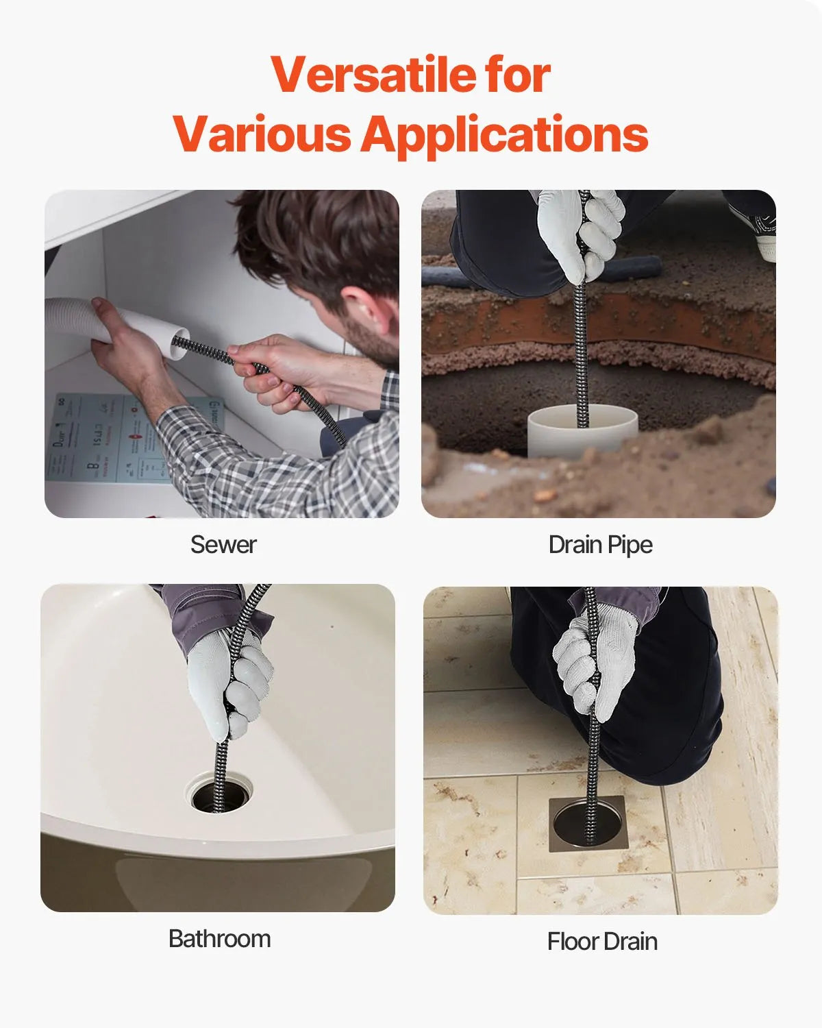 VEVOR Drain Cleaner Machine 50 FT X 3/8 Inch, Sewer Snake Machine Auto Feed, Drain Cleaning Machine with 4 Cutter & Air-activated Foot Switch for 1