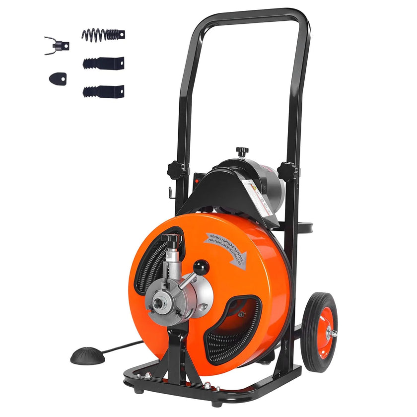 VEVOR Drain Cleaner Machine 50 FT X 3/8 Inch, Sewer Snake Machine Auto Feed, Drain Cleaning Machine with 4 Cutter & Air-activated Foot Switch for 1