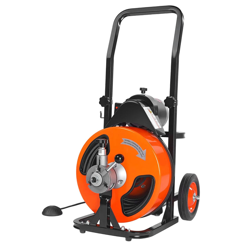 VEVOR Drain Cleaner Machine 50 FT X 3/8 Inch, Sewer Snake Machine Auto Feed, Drain Cleaning Machine with 4 Cutter & Air-activated Foot Switch for 1