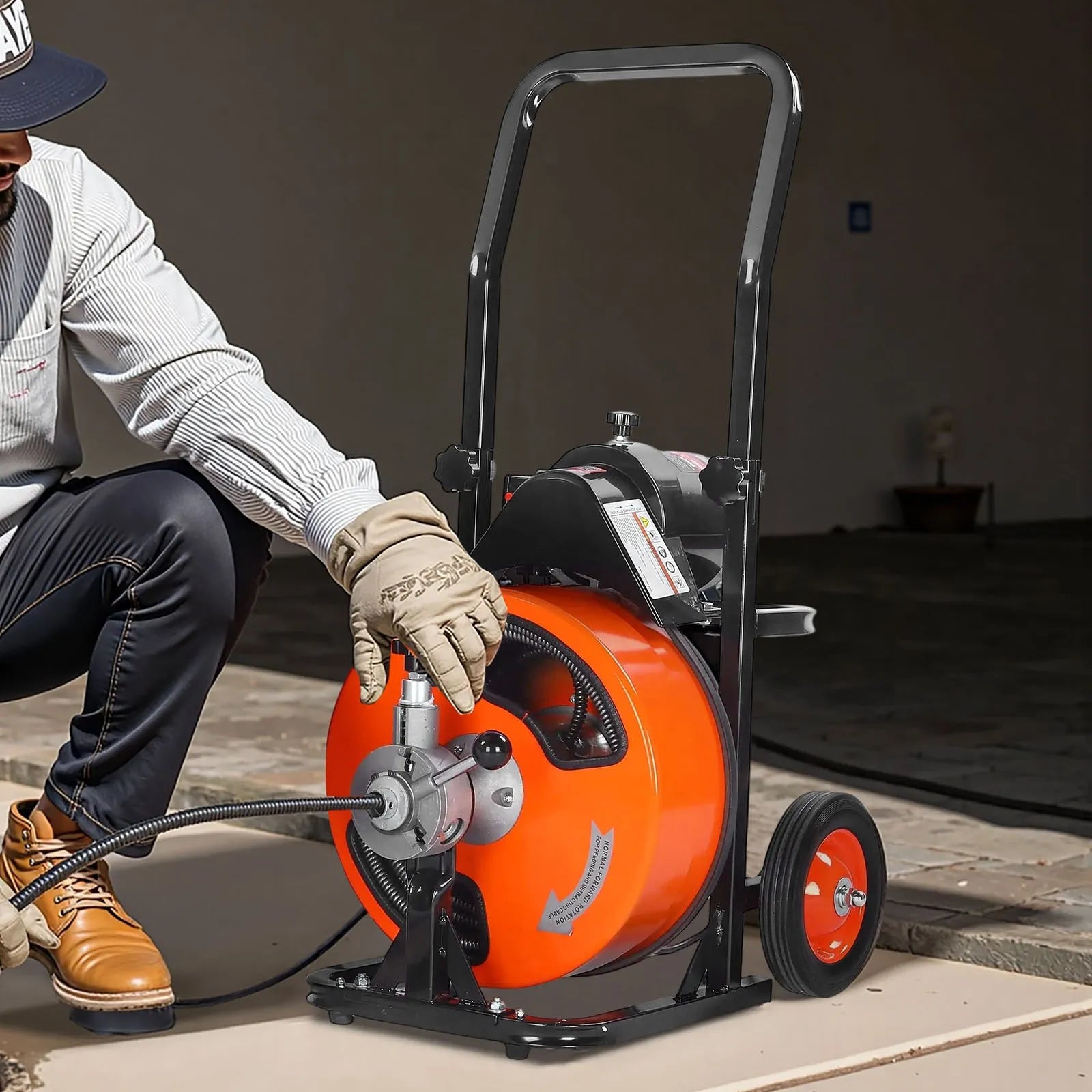 VEVOR Drain Cleaner Machine 100 Ft X 1/2 Inch, Sewer Snake Machine Auto Feed, Drain Cleaning Machine with 4 Cutter & Air-activated Foot Switch for 1