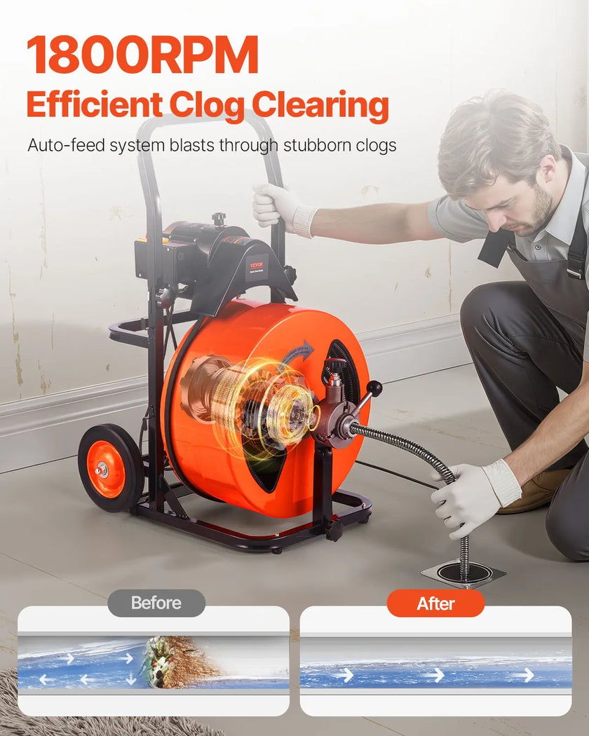 VEVOR Drain Cleaning Machine 100FT x 3/4 Inch, Sewer Snake Machine Auto Feed, Drain Auger Cleaner with 4 Cutter & Air-Activated Foot Switch for 1