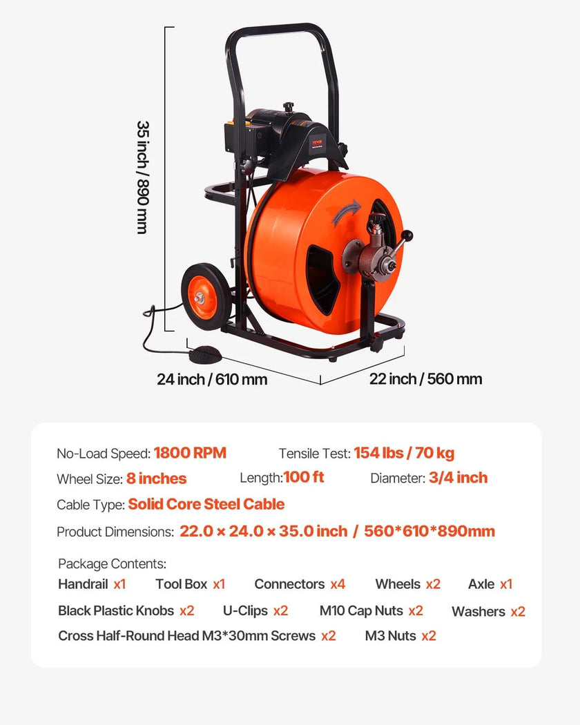 VEVOR Drain Cleaning Machine 100FT x 3/4 Inch, Sewer Snake Machine Auto Feed, Drain Auger Cleaner with 4 Cutter & Air-Activated Foot Switch for 1