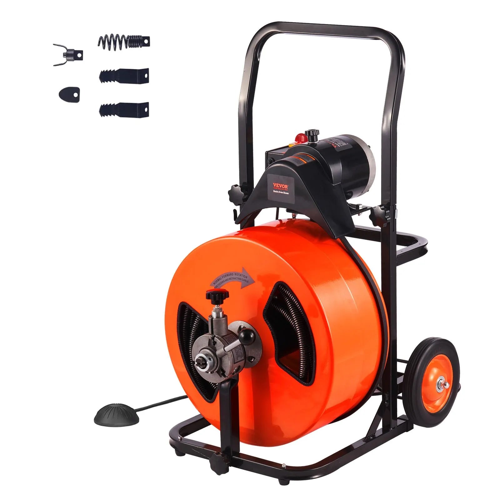 VEVOR Drain Cleaning Machine 100FT x 3/4 Inch, Sewer Snake Machine Auto Feed, Drain Auger Cleaner with 4 Cutter & Air-Activated Foot Switch for 1