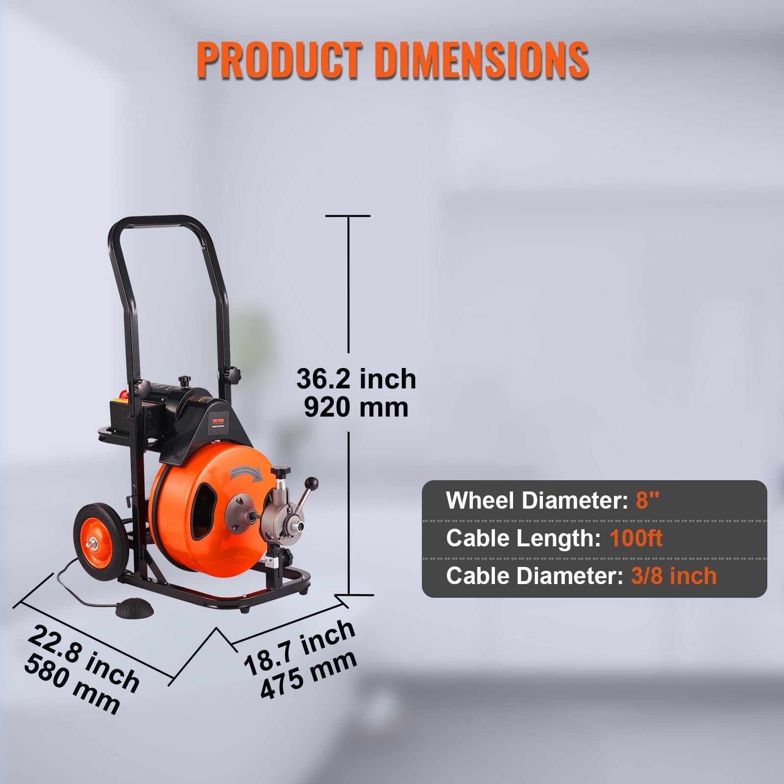 VEVOR Drain Cleaner Machine 100 Ft X 3/8 Inch, Sewer Snake Machine Auto Feed, Drain Cleaning Machine with 4 Cutter & Air-Activated Foot Switch for 1