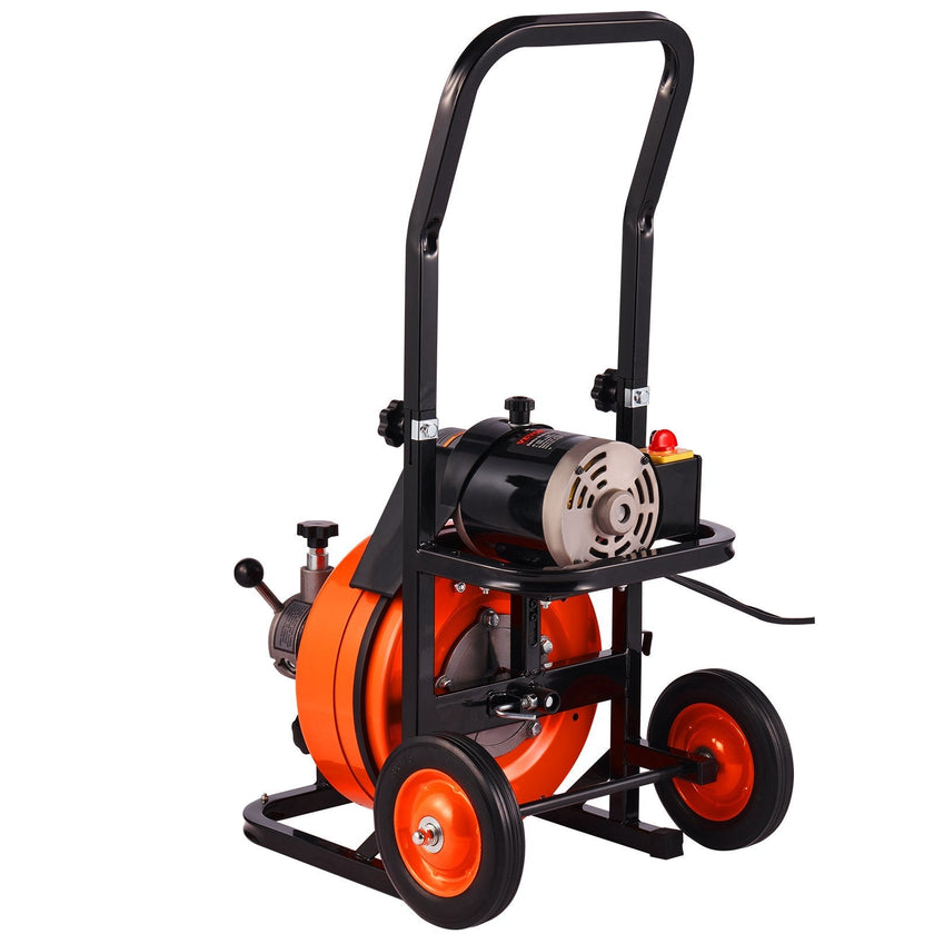VEVOR Drain Cleaner Machine 100 Ft X 3/8 Inch, Sewer Snake Machine Auto Feed, Drain Cleaning Machine with 4 Cutter & Air-Activated Foot Switch for 1
