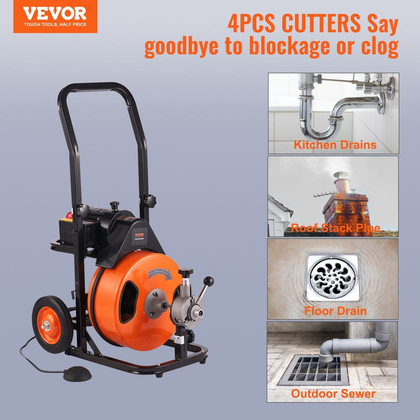 VEVOR Drain Cleaner Machine 75Ft X 3/8 Inch, Sewer Snake Machine Auto Feed, Drain Cleaning Machine with 4 Cutter & Air-activated Foot Switch for 1