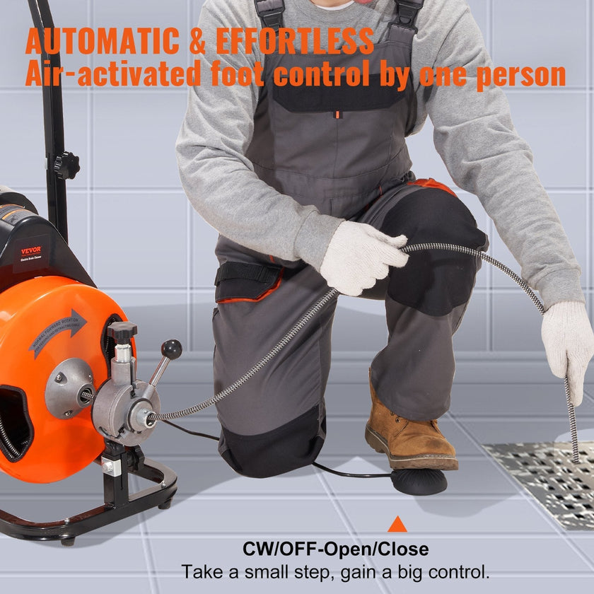 VEVOR Drain Cleaner Machine 75Ft X 3/8 Inch, Sewer Snake Machine Auto Feed, Drain Cleaning Machine with 4 Cutter & Air-activated Foot Switch for 1