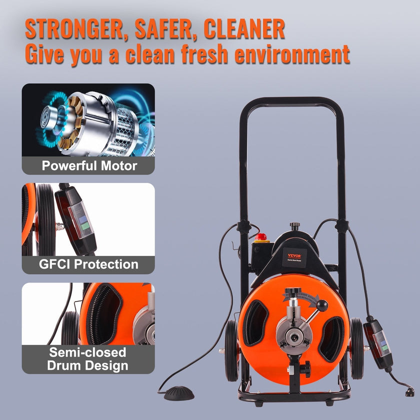 VEVOR Drain Cleaner Machine 75Ft X 3/8 Inch, Sewer Snake Machine Auto Feed, Drain Cleaning Machine with 4 Cutter & Air-activated Foot Switch for 1