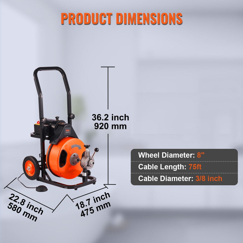 VEVOR Drain Cleaner Machine 75Ft X 3/8 Inch, Sewer Snake Machine Auto Feed, Drain Cleaning Machine with 4 Cutter & Air-activated Foot Switch for 1