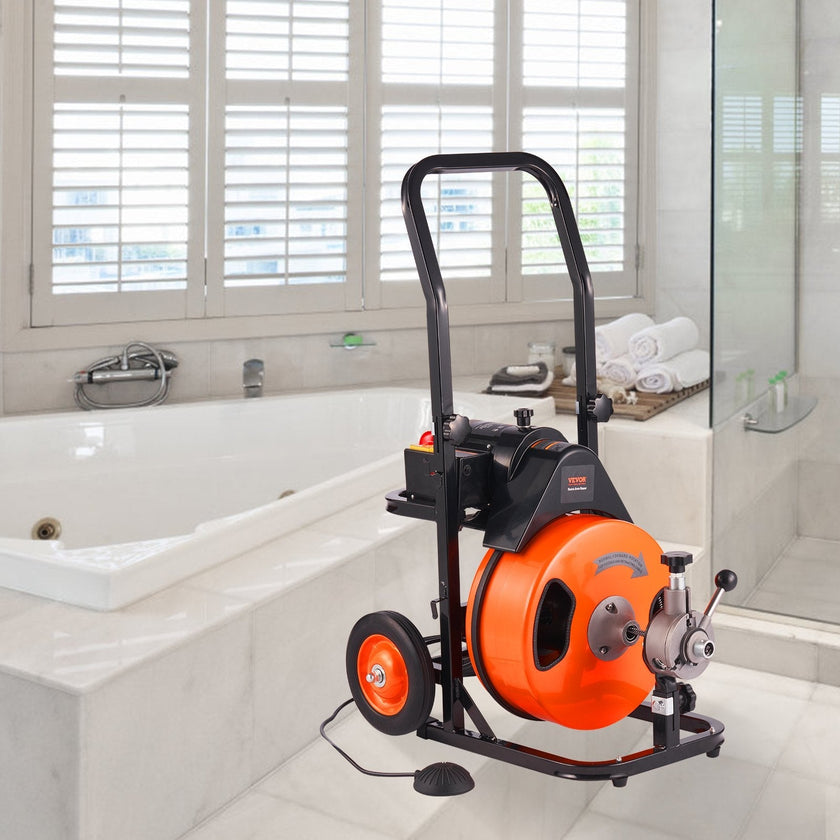 VEVOR Drain Cleaner Machine 75Ft X 3/8 Inch, Sewer Snake Machine Auto Feed, Drain Cleaning Machine with 4 Cutter & Air-activated Foot Switch for 1