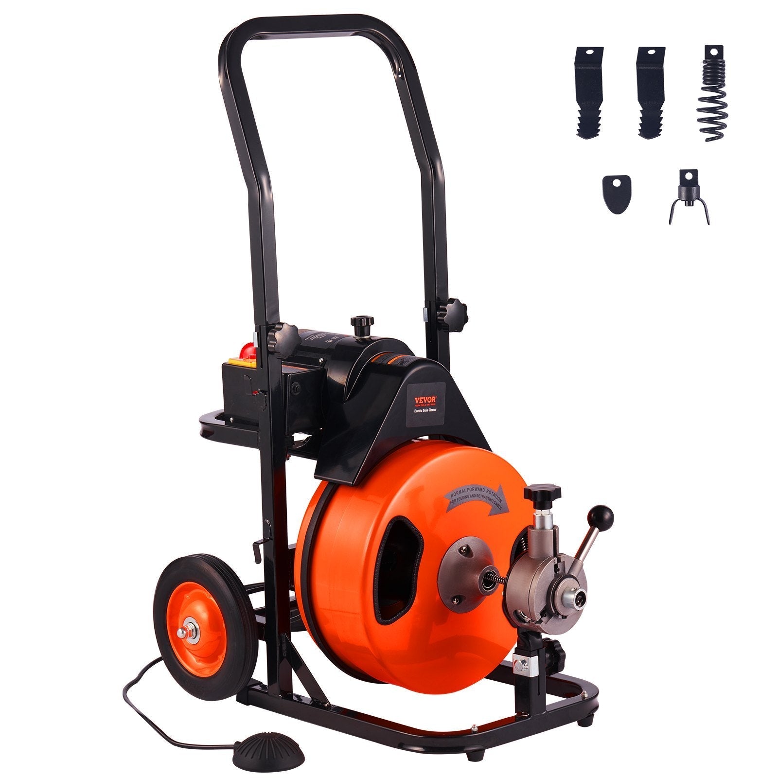 VEVOR Drain Cleaner Machine 75Ft X 3/8 Inch, Sewer Snake Machine Auto Feed, Drain Cleaning Machine with 4 Cutter & Air-activated Foot Switch for 1