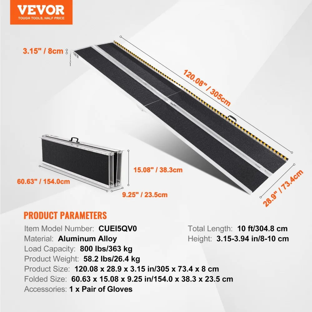 VEVOR Portable Wheelchair Ramp, 10 ft 800 lbs Capacity, Non-Slip Aluminum Folding Threshold Ramp, Foldable Mobility Scooter Ramp Wheel Chair Ramp, Handicap Ramp for Home Steps, Stairs, Doorways, Curbs