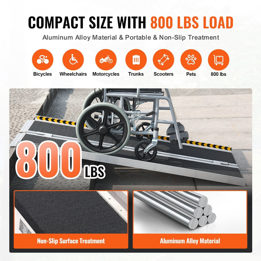 VEVOR Portable Wheelchair Ramp, 4 ft 800 lbs Capacity, Non-Slip Aluminum Folding Threshold Ramp, Foldable Mobility Scooter Ramp Wheel Chair Ramp, Handicap Ramp for Home Steps, Stairs, Doorways, Curbs