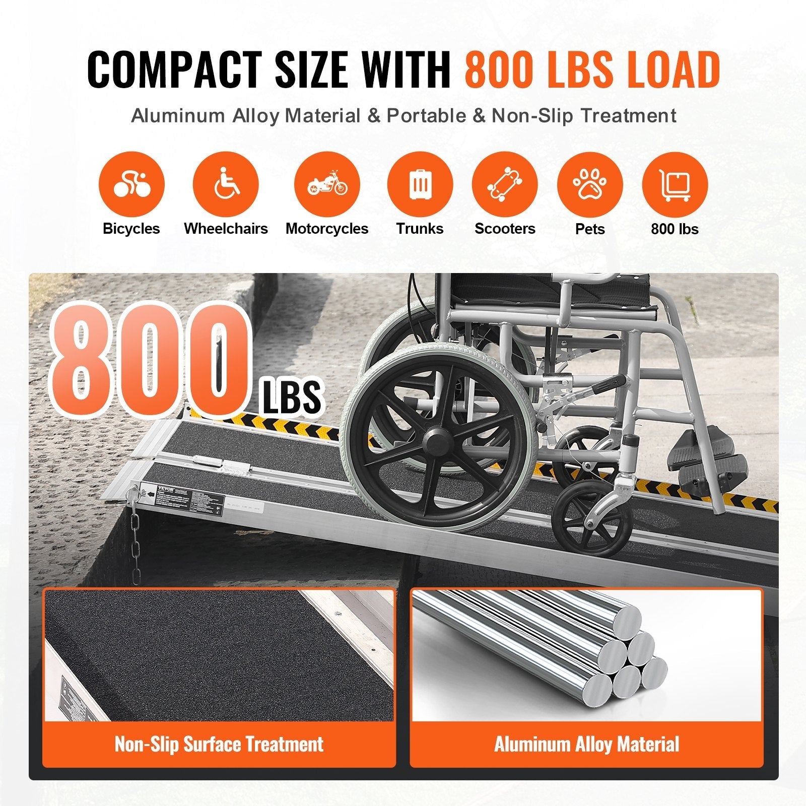 VEVOR Portable Wheelchair Ramp, 6 ft 800 lbs Capacity, Non-Slip Aluminum Folding Threshold Ramp, Foldable Mobility Scooter Ramp Wheel Chair Ramp, Handicap Ramp for Home Steps, Stairs, Doorways, Curbs