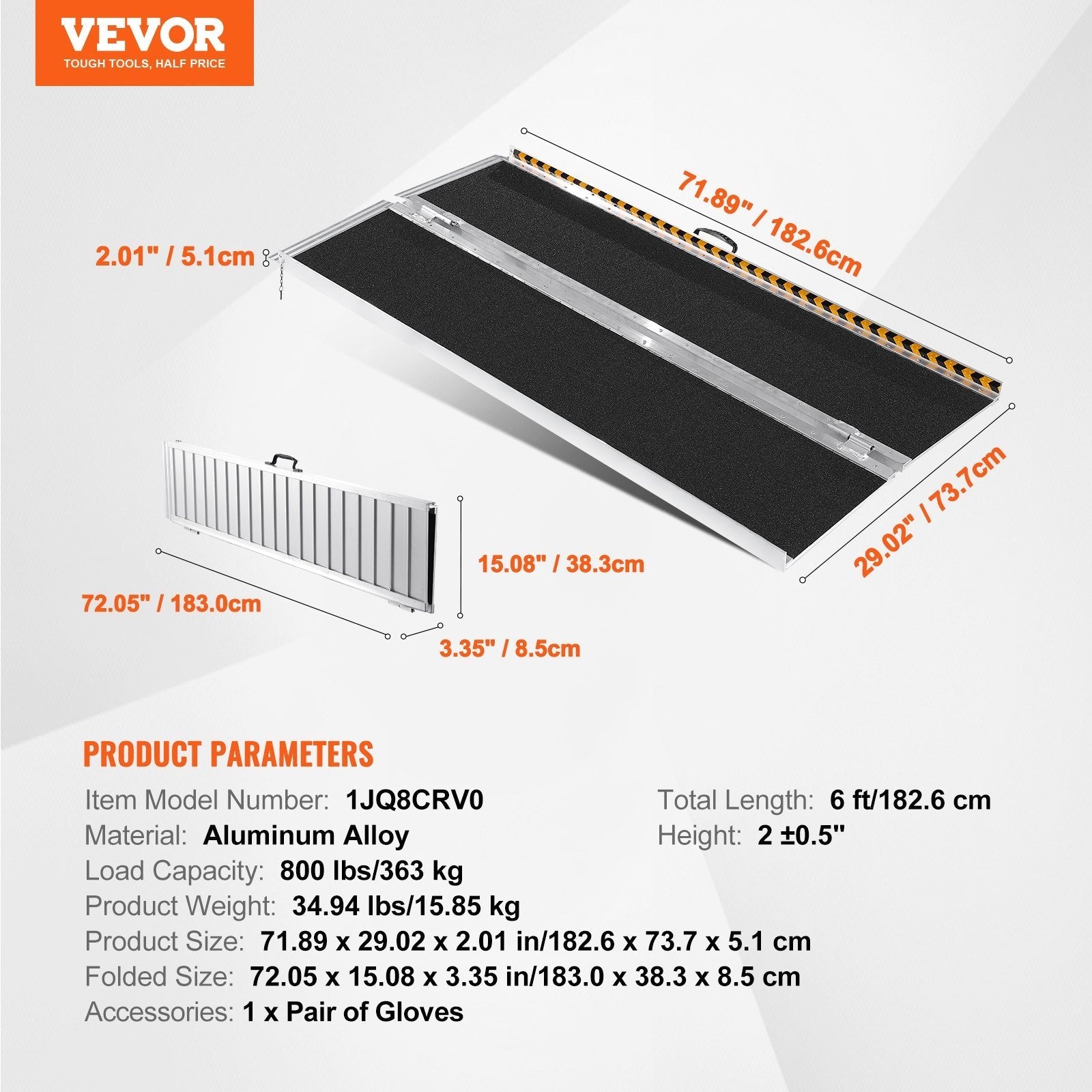 VEVOR Portable Wheelchair Ramp, 6 ft 800 lbs Capacity, Non-Slip Aluminum Folding Threshold Ramp, Foldable Mobility Scooter Ramp Wheel Chair Ramp, Handicap Ramp for Home Steps, Stairs, Doorways, Curbs
