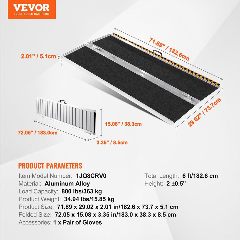VEVOR Portable Wheelchair Ramp, 6 ft 800 lbs Capacity, Non-Slip Aluminum Folding Threshold Ramp, Foldable Mobility Scooter Ramp Wheel Chair Ramp, Handicap Ramp for Home Steps, Stairs, Doorways, Curbs