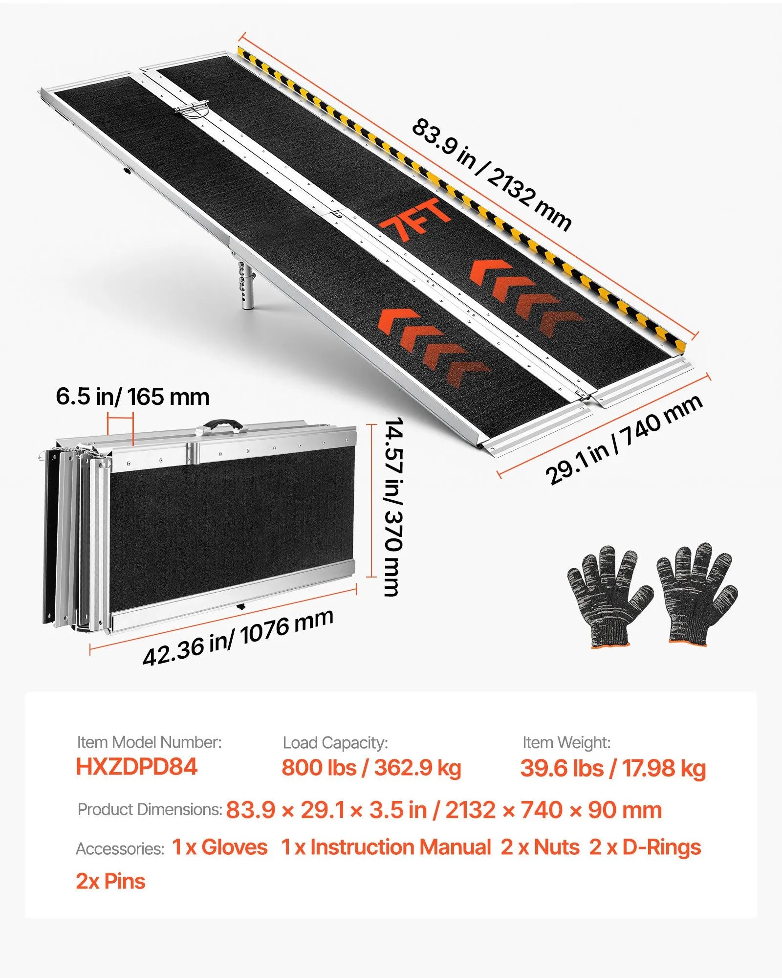 7FT Portable Wheelchair Ramp, Folding Aluminum Handicap Ramp with Non-Slip Surface, 800 lb Capacity