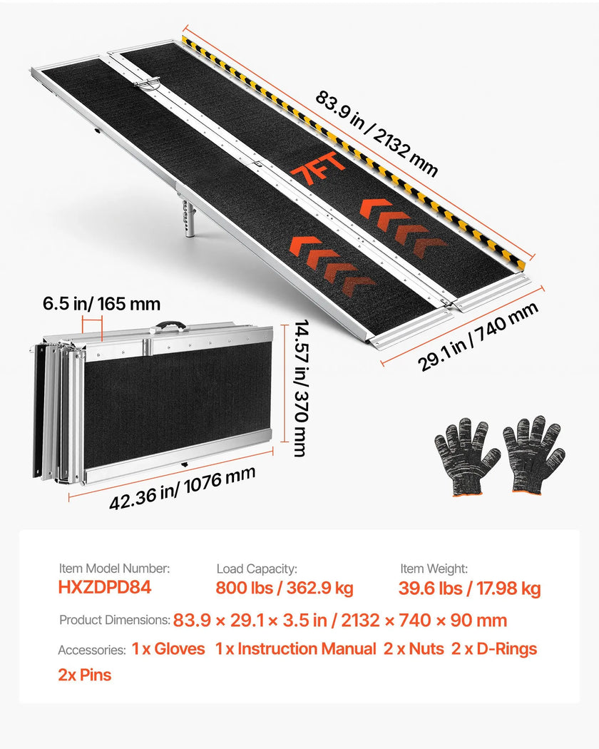 7FT Portable Wheelchair Ramp, Folding Aluminum Handicap Ramp with Non-Slip Surface, 800 lb Capacity