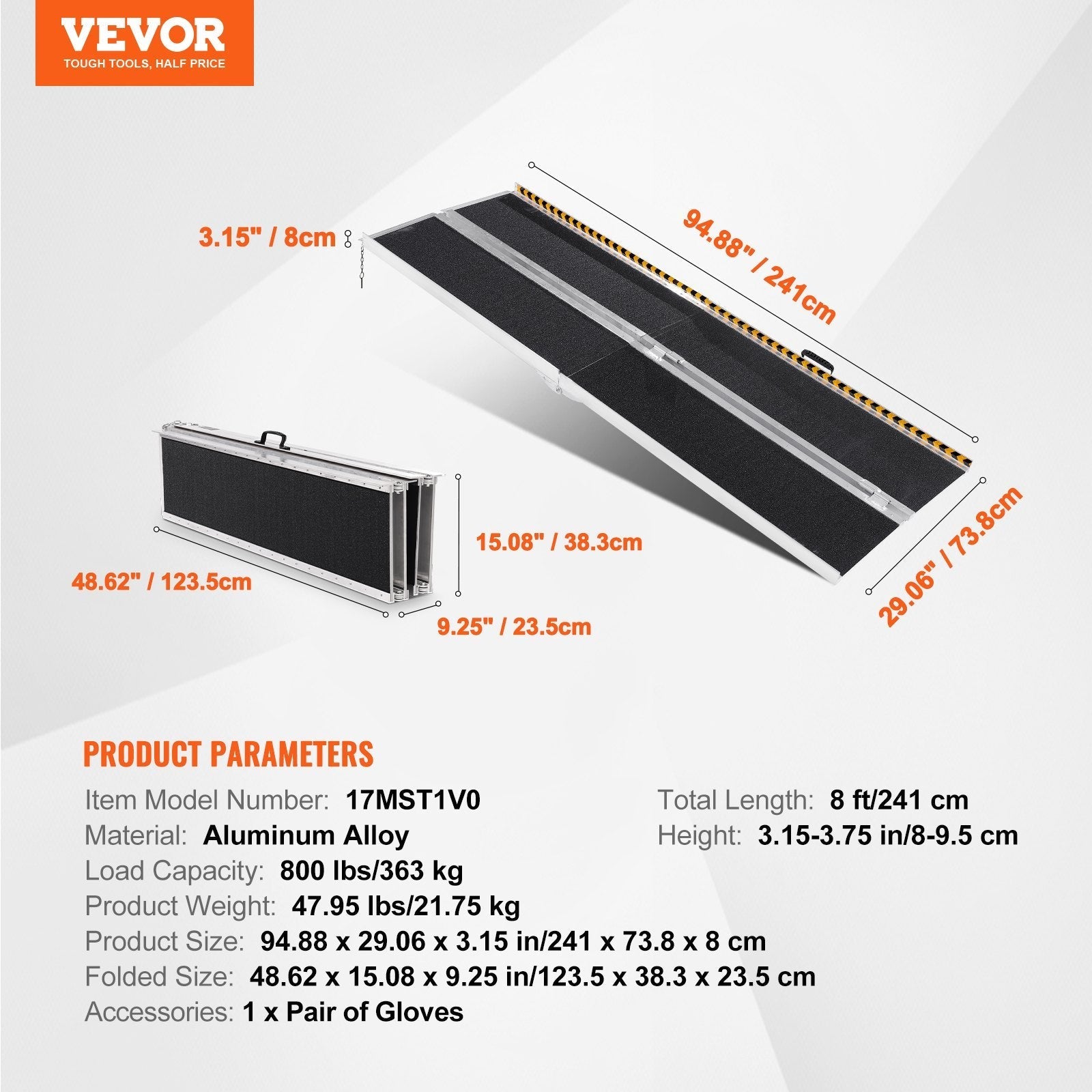 VEVOR Portable Wheelchair Ramp, 8 ft 800 lbs Capacity, Non-Slip Aluminum Folding Threshold Ramp, Foldable Mobility Scooter Ramp Wheel Chair Ramp, Handicap Ramp for Home Steps, Stairs, Doorways, Curbs
