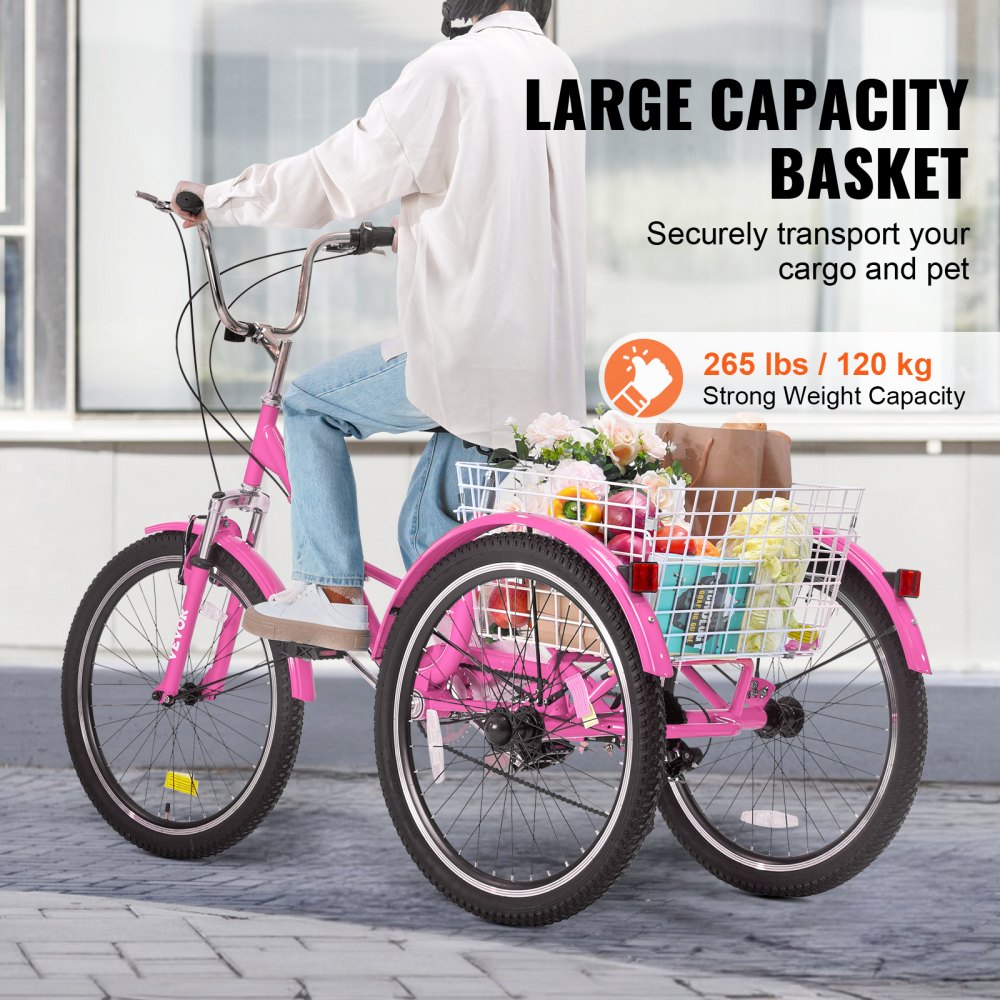 VEVOR Folding Adult Tricycle, 24-Inch 7-Speed Adult Folding Trikes, Carbon Steel 3 Wheel Cruiser Bike with Basket & Adjustable Seat, Shopping Picnic Foldable Tricycles for Women, Men, Seniors (Pink)