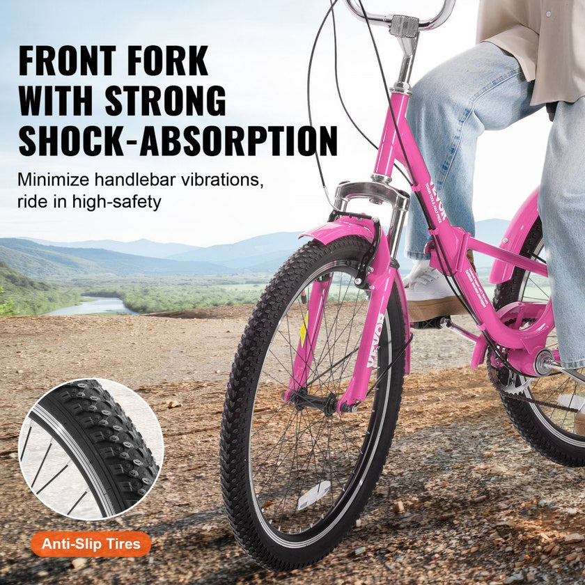 VEVOR Folding Adult Tricycle, 24-Inch 7-Speed Adult Folding Trikes, Carbon Steel 3 Wheel Cruiser Bike with Basket & Adjustable Seat, Shopping Picnic Foldable Tricycles for Women, Men, Seniors (Pink)