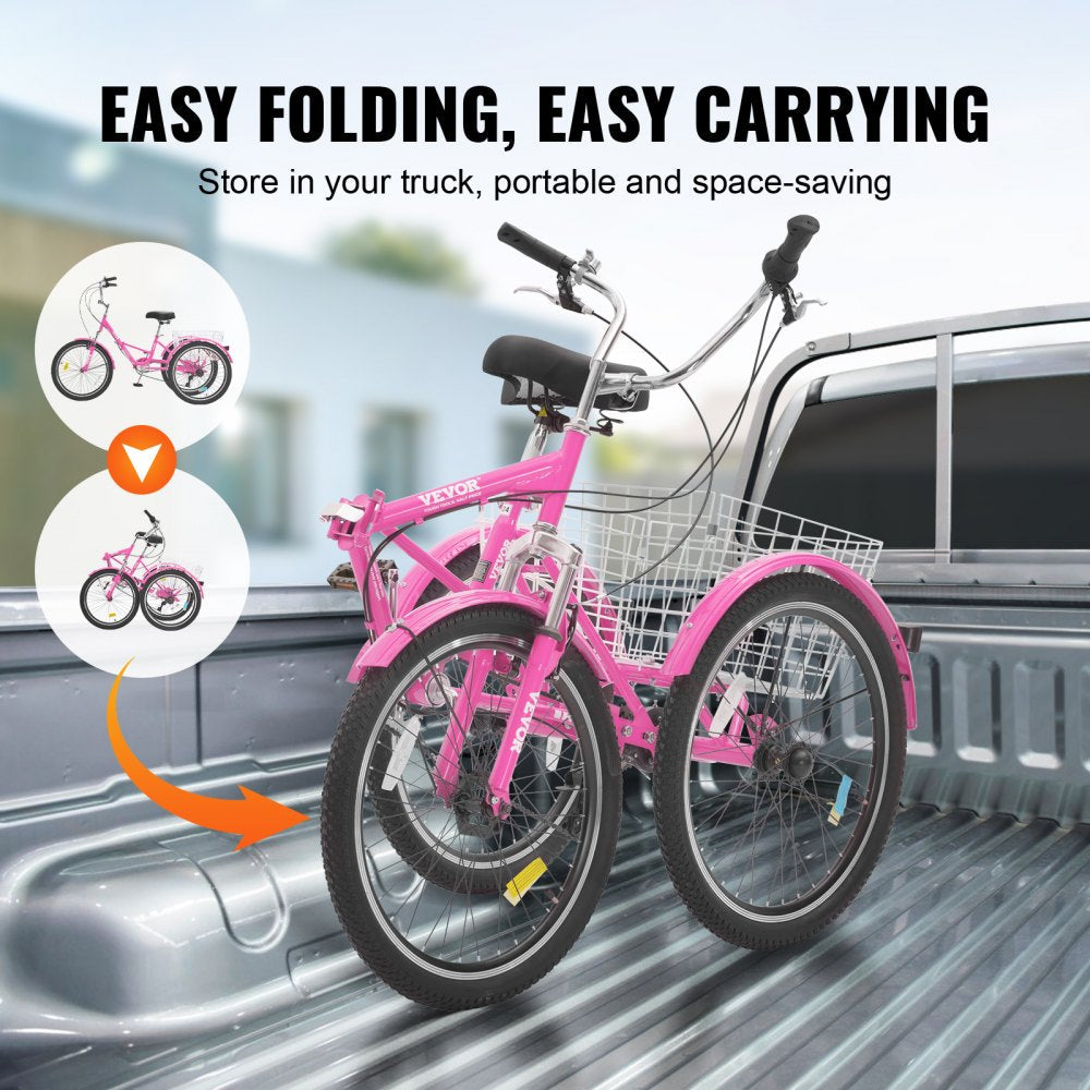 VEVOR Folding Adult Tricycle, 26-Inch 7-Speed Adult Folding Trikes, Carbon Steel 3 Wheel Cruiser Bike with Basket & Adjustable Seat, Shopping Picnic Foldable Tricycles for Women, Men, Seniors (Pink)