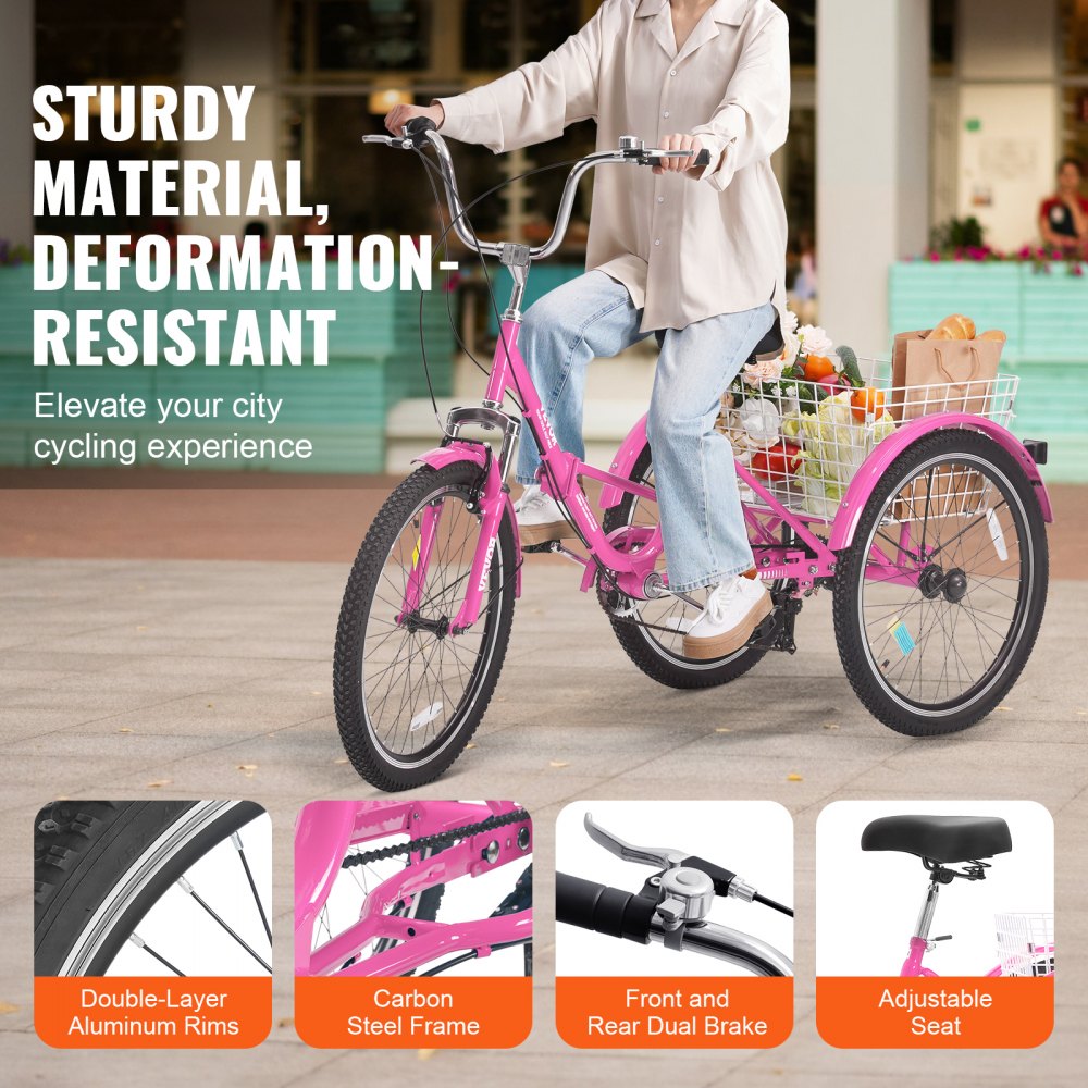 VEVOR Folding Adult Tricycle, 26-Inch 7-Speed Adult Folding Trikes, Carbon Steel 3 Wheel Cruiser Bike with Basket & Adjustable Seat, Shopping Picnic Foldable Tricycles for Women, Men, Seniors (Pink)