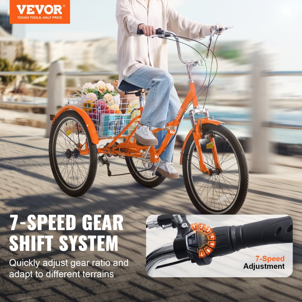 VEVOR Folding Adult Tricycle, 24-Inch 7-Speed Adult Folding Trikes, Carbon Steel 3 Wheel Cruiser Bike with Basket & Adjustable Seat, Shopping Picnic Foldable Tricycles for Women, Men, Seniors (Orange)
