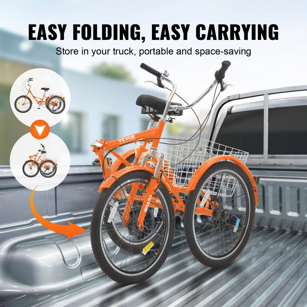 VEVOR Folding Adult Tricycle, 24-Inch 7-Speed Adult Folding Trikes, Carbon Steel 3 Wheel Cruiser Bike with Basket & Adjustable Seat, Shopping Picnic Foldable Tricycles for Women, Men, Seniors (Orange)