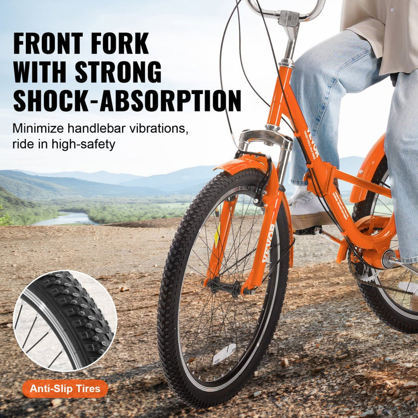 VEVOR Folding Adult Tricycle, 24-Inch 7-Speed Adult Folding Trikes, Carbon Steel 3 Wheel Cruiser Bike with Basket & Adjustable Seat, Shopping Picnic Foldable Tricycles for Women, Men, Seniors (Orange)