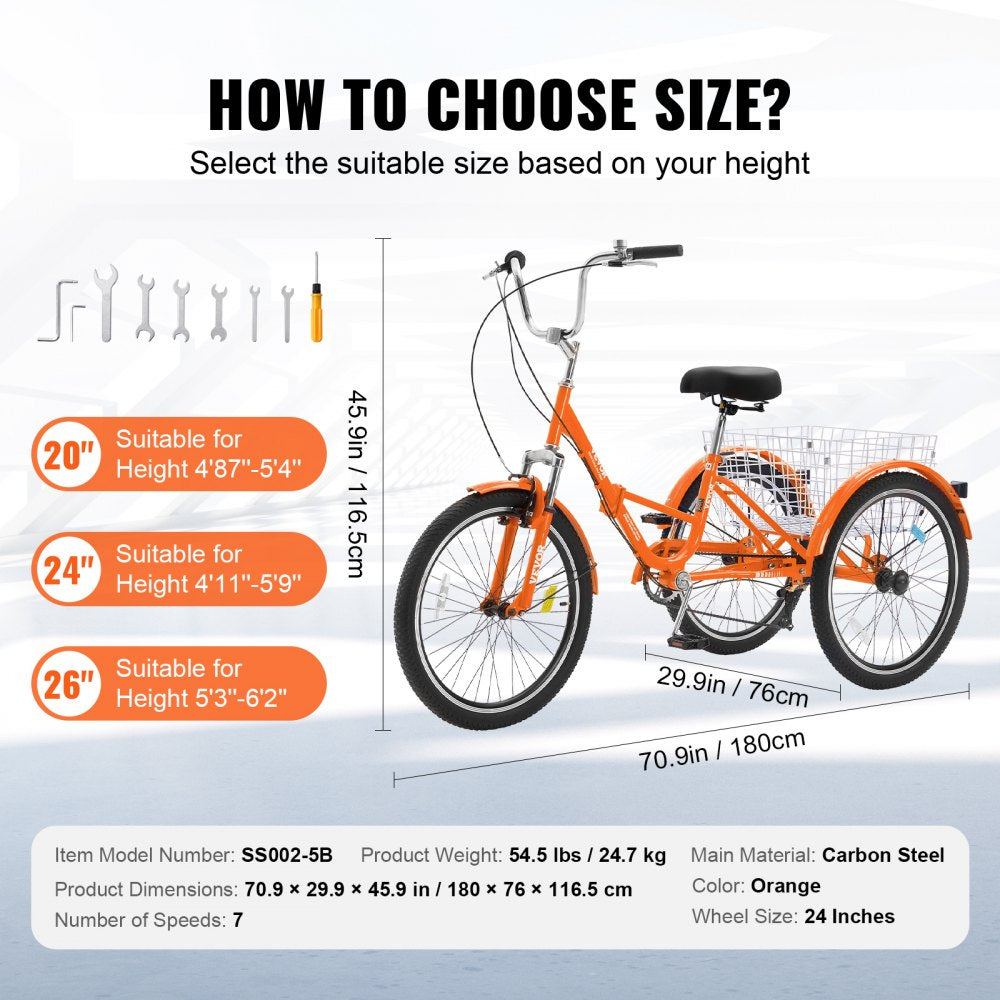 VEVOR Folding Adult Tricycle, 24-Inch 7-Speed Adult Folding Trikes, Carbon Steel 3 Wheel Cruiser Bike with Basket & Adjustable Seat, Shopping Picnic Foldable Tricycles for Women, Men, Seniors (Orange)