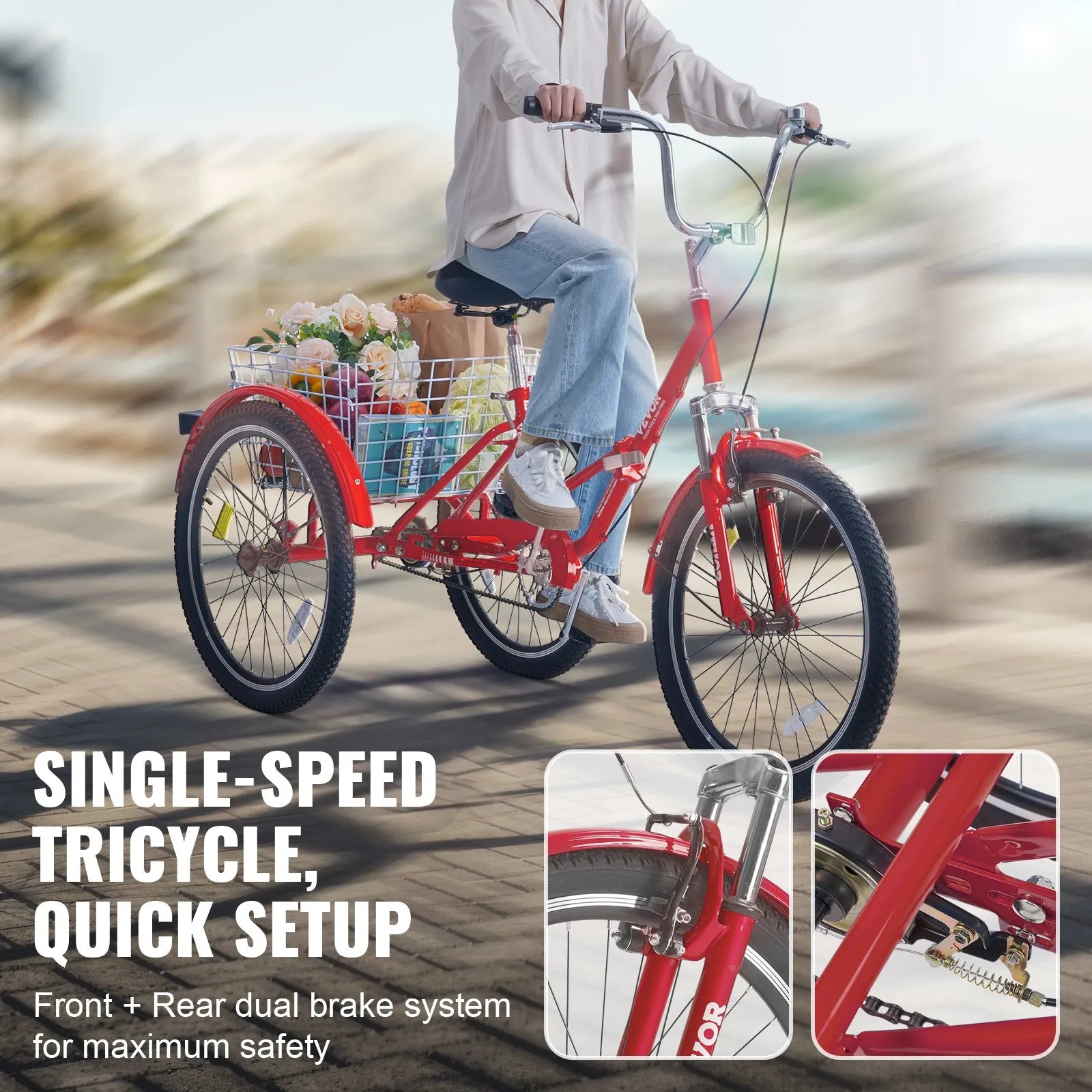 VEVOR Folding Adult Tricycle, 24-Inch Adult Folding Trikes, Carbon Steel 3 Wheel Cruiser Bike with Large Basket & Adjustable Seat, Shopping Picnic Foldable Tricycles for Women, Men, Seniors (Red)