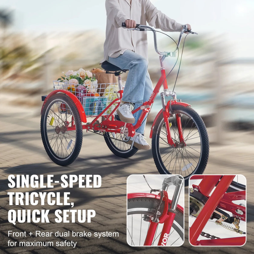 VEVOR Folding Adult Tricycle, 24-Inch Adult Folding Trikes, Carbon Steel 3 Wheel Cruiser Bike with Large Basket & Adjustable Seat, Shopping Picnic Foldable Tricycles for Women, Men, Seniors (Red)