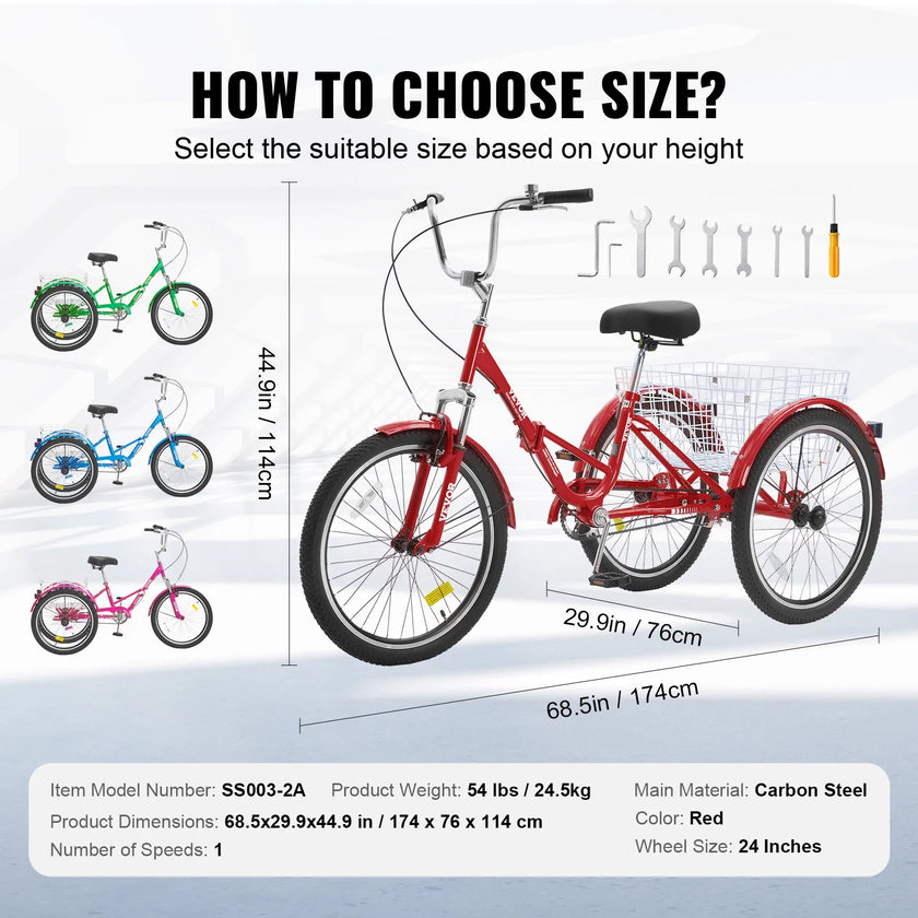 VEVOR Folding Adult Tricycle, 24-Inch Adult Folding Trikes, Carbon Steel 3 Wheel Cruiser Bike with Large Basket & Adjustable Seat, Shopping Picnic Foldable Tricycles for Women, Men, Seniors (Red)