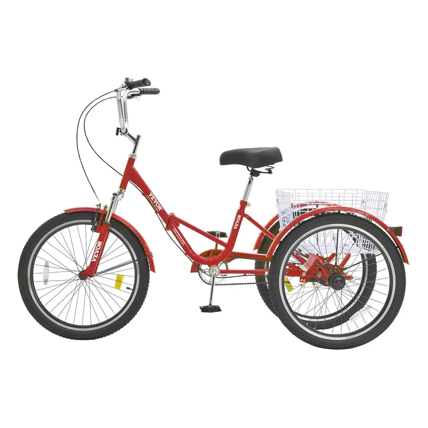 VEVOR Folding Adult Tricycle, 24-Inch Adult Folding Trikes, Carbon Steel 3 Wheel Cruiser Bike with Large Basket & Adjustable Seat, Shopping Picnic Foldable Tricycles for Women, Men, Seniors (Red)
