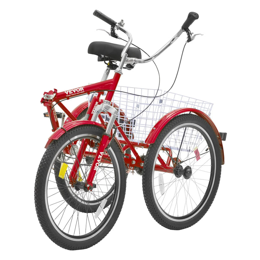 VEVOR Folding Adult Tricycle, 24-Inch Adult Folding Trikes, Carbon Steel 3 Wheel Cruiser Bike with Large Basket & Adjustable Seat, Shopping Picnic Foldable Tricycles for Women, Men, Seniors (Red)