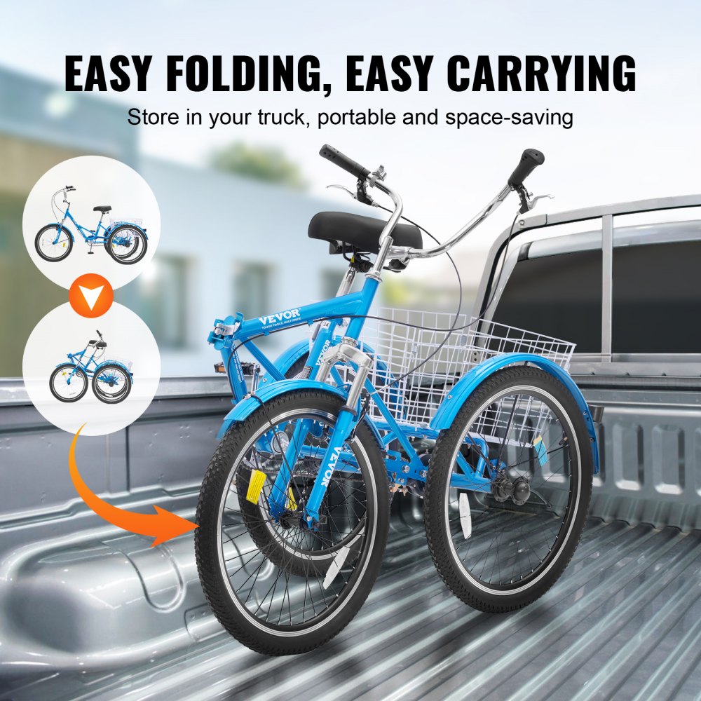 VEVOR Folding Adult Tricycle, 26-Inch Adult Folding Trikes, Carbon Steel 3 Wheel Cruiser Bike with Large Basket & Adjustable Seat, Shopping Picnic Foldable Tricycles for Women, Men, Seniors (Blue)