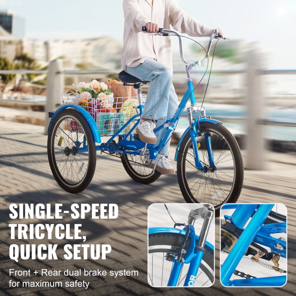 VEVOR Folding Adult Tricycle, 26-Inch Adult Folding Trikes, Carbon Steel 3 Wheel Cruiser Bike with Large Basket & Adjustable Seat, Shopping Picnic Foldable Tricycles for Women, Men, Seniors (Blue)