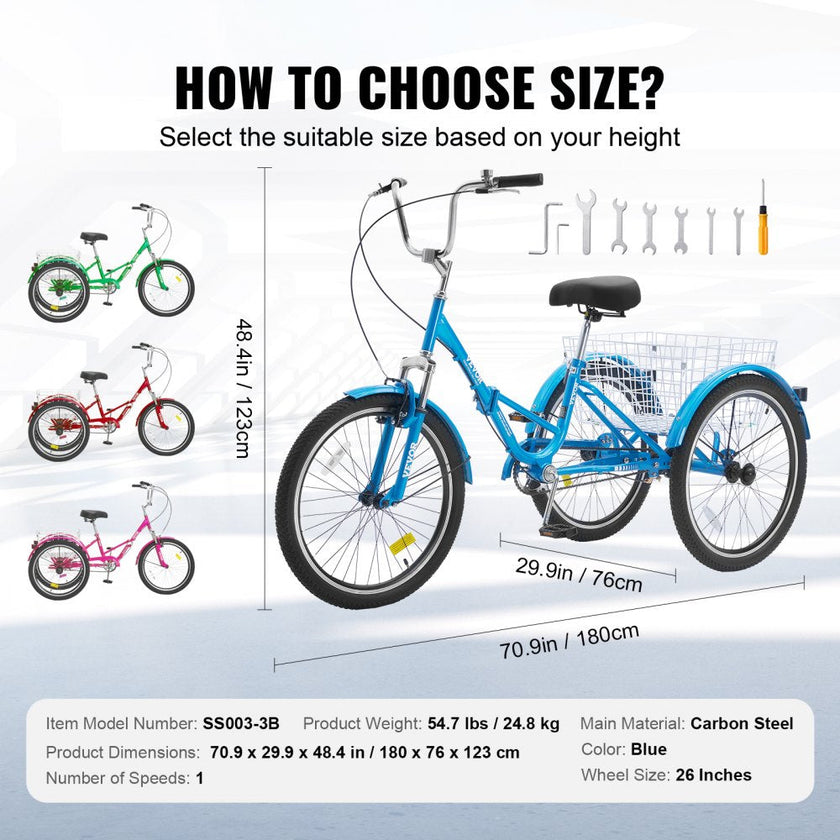 VEVOR Folding Adult Tricycle, 26-Inch Adult Folding Trikes, Carbon Steel 3 Wheel Cruiser Bike with Large Basket & Adjustable Seat, Shopping Picnic Foldable Tricycles for Women, Men, Seniors (Blue)