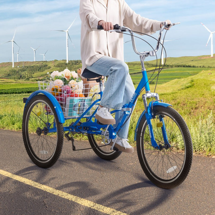 VEVOR Folding Adult Tricycle, 26-Inch Adult Folding Trikes, Carbon Steel 3 Wheel Cruiser Bike with Large Basket & Adjustable Seat, Shopping Picnic Foldable Tricycles for Women, Men, Seniors (Blue)