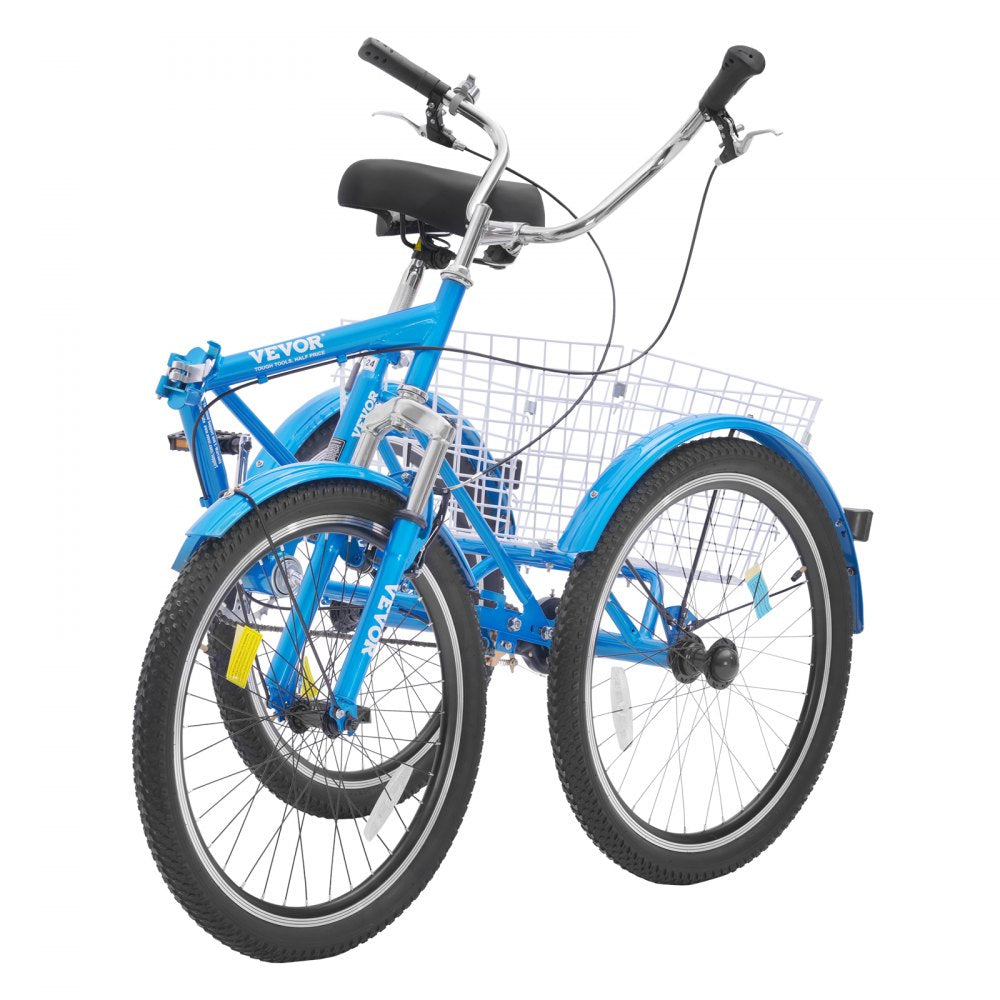 VEVOR Folding Adult Tricycle, 26-Inch Adult Folding Trikes, Carbon Steel 3 Wheel Cruiser Bike with Large Basket & Adjustable Seat, Shopping Picnic Foldable Tricycles for Women, Men, Seniors (Blue)
