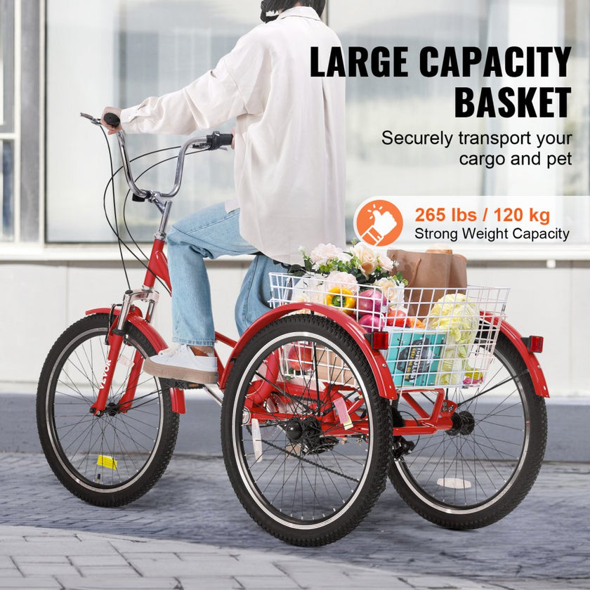 VEVOR Folding Adult Tricycle, 26-Inch 7-Speed Adult Folding Trikes, Carbon Steel 3 Wheel Cruiser Bike with Basket & Adjustable Seat, Shopping Picnic Foldable Tricycles for Women, Men, Seniors (Red)