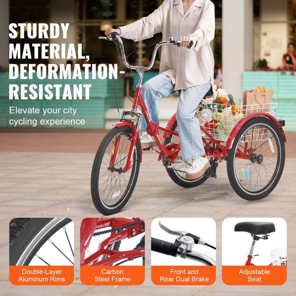 VEVOR Folding Adult Tricycle, 26-Inch 7-Speed Adult Folding Trikes, Carbon Steel 3 Wheel Cruiser Bike with Basket & Adjustable Seat, Shopping Picnic Foldable Tricycles for Women, Men, Seniors (Red)