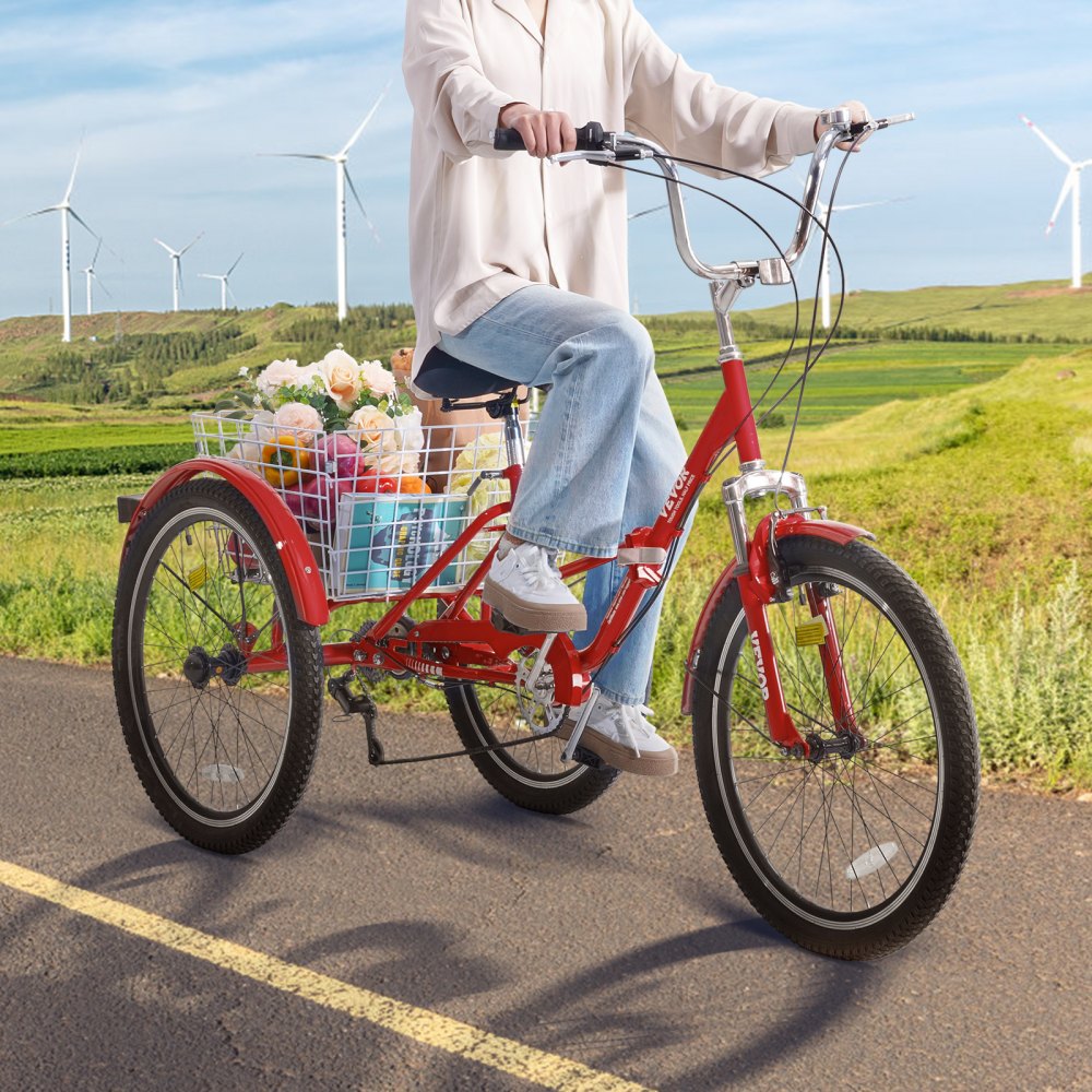 VEVOR Folding Adult Tricycle, 26-Inch 7-Speed Adult Folding Trikes, Carbon Steel 3 Wheel Cruiser Bike with Basket & Adjustable Seat, Shopping Picnic Foldable Tricycles for Women, Men, Seniors (Red)