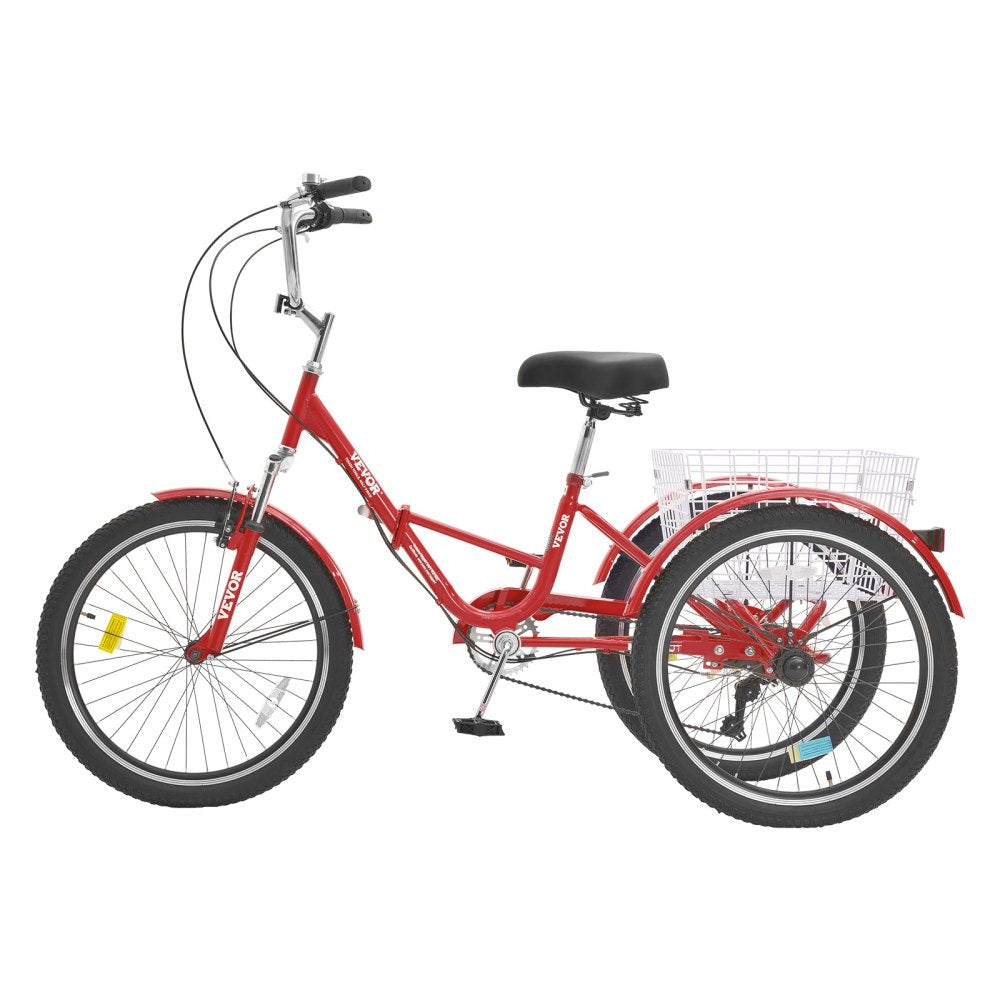 VEVOR Folding Adult Tricycle, 26-Inch 7-Speed Adult Folding Trikes, Carbon Steel 3 Wheel Cruiser Bike with Basket & Adjustable Seat, Shopping Picnic Foldable Tricycles for Women, Men, Seniors (Red)