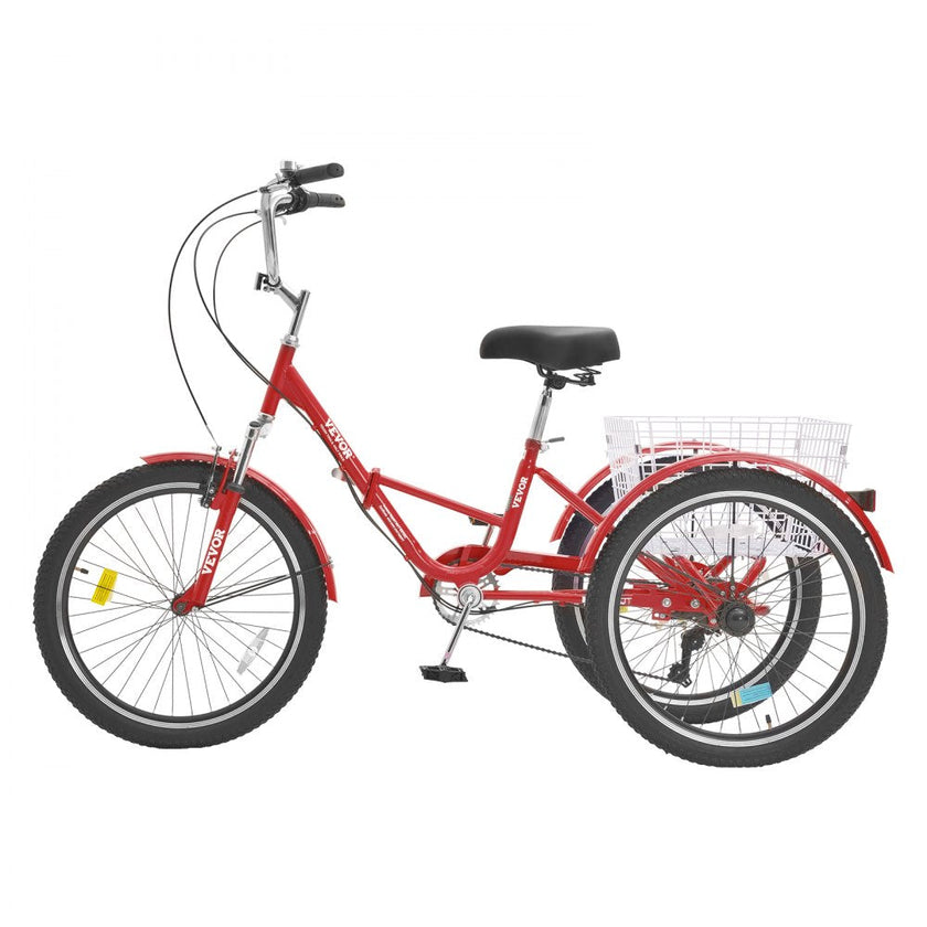 VEVOR Folding Adult Tricycle, 26-Inch 7-Speed Adult Folding Trikes, Carbon Steel 3 Wheel Cruiser Bike with Basket & Adjustable Seat, Shopping Picnic Foldable Tricycles for Women, Men, Seniors (Red)