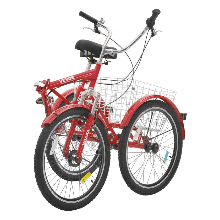 VEVOR Folding Adult Tricycle, 26-Inch 7-Speed Adult Folding Trikes, Carbon Steel 3 Wheel Cruiser Bike with Basket & Adjustable Seat, Shopping Picnic Foldable Tricycles for Women, Men, Seniors (Red)